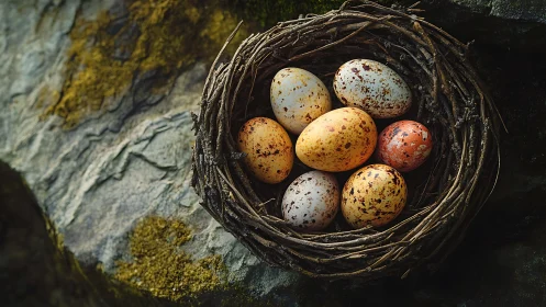 Bird nest contains seven speckled eggs on textured rock