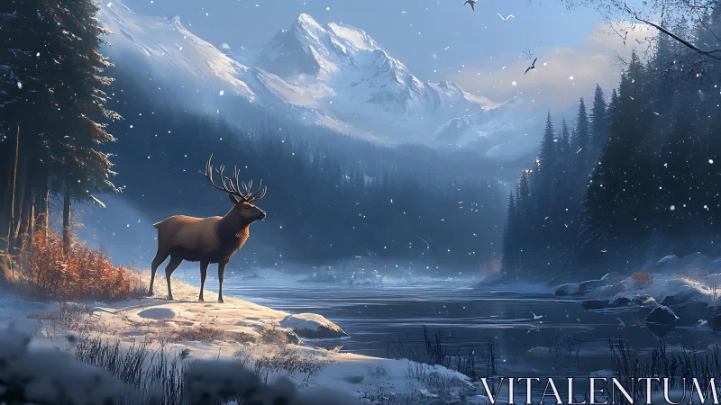 Stag stands beside frozen river beneath distant snowy mountains