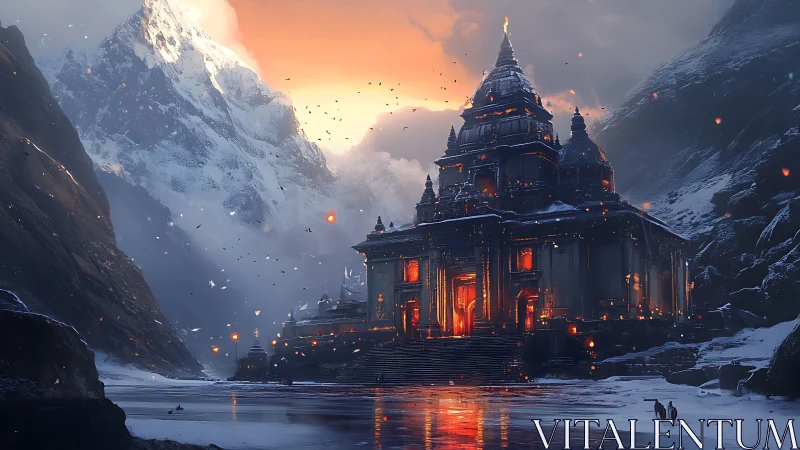 Ancient mountain temple burns with warm light at icy dusk