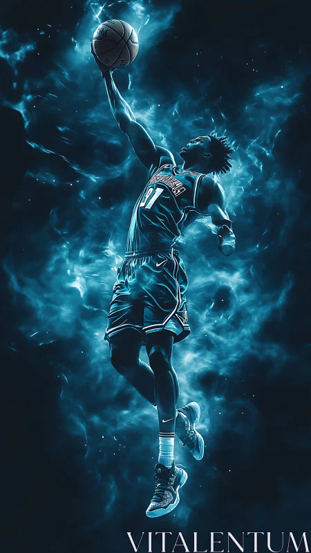 Electric blue basketball dunk in dynamic cosmic energy field.
