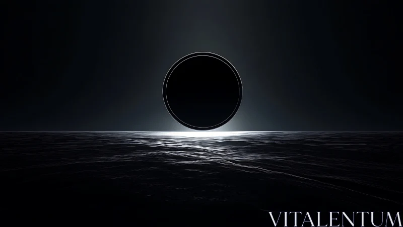 Minimalist black eclipse sphere over reflective digital seascape