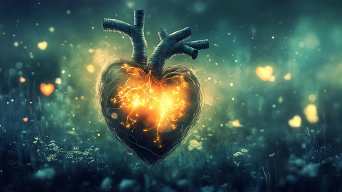 Luminescent Heart with Nerve Branches in Ethereal Forest.