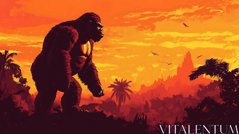 Sunset-lit giant gorilla gazes over a fiery jungle valley