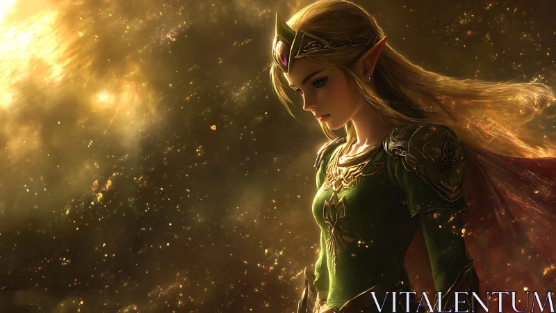 Starlit elven princess walking through molten-gold dusk.