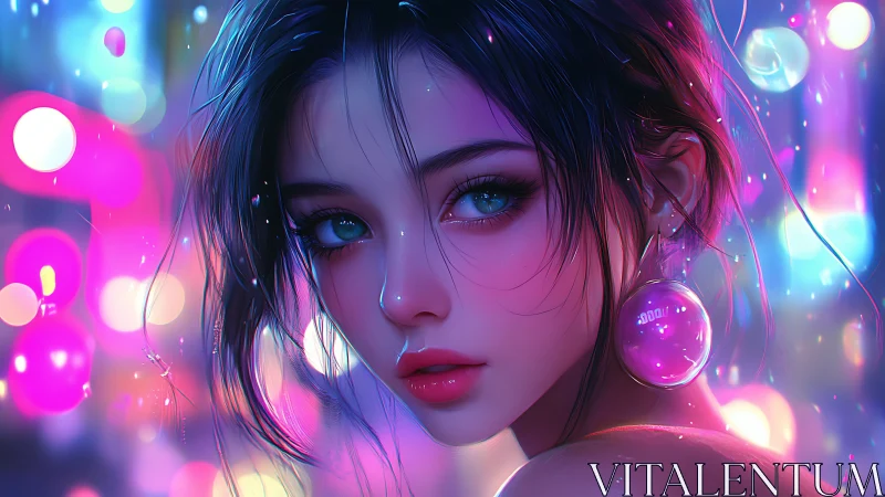 Neon city gaze with luminous bokeh and glass earring portrait.