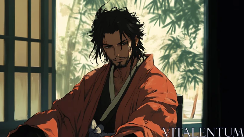 Samurai in vermilion kimono rendered with directional rim lighting