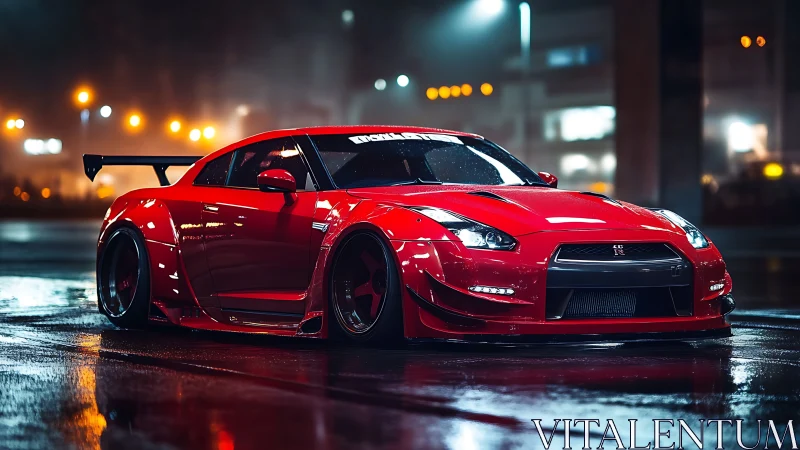 Midnight-red street racer resting under city lights.