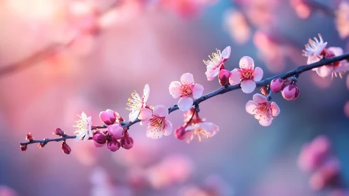 Cherry Blossoms Backlit Against Gradient Twilight.