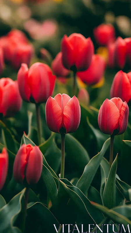Vibrant red tulips with sharp depth of field focus technique.