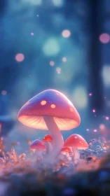 Glowing pink mushrooms illuminate a soft blurred forest floor