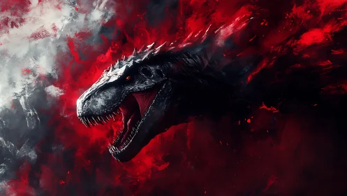 Dinosaur head roars against red and black abstract background