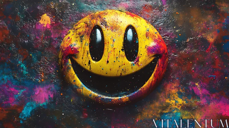 Yellow smiley face with multicolor paint splatter backdrop.