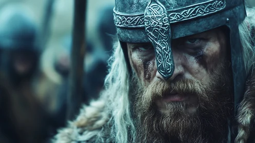 Battle-hardened Viking gaze cuts through the storm of war.