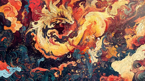 Celestial fire-dragon swirling through cosmic ink seas.