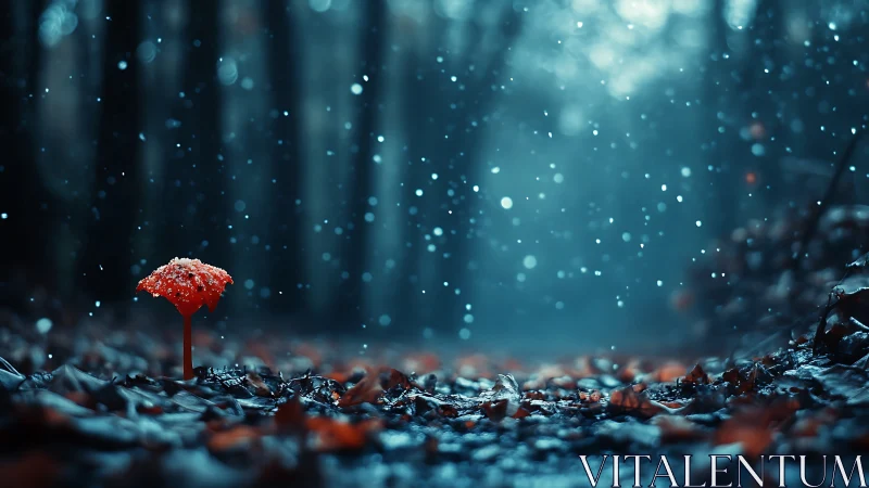Solitary red mushroom under soft snowfall in forest.