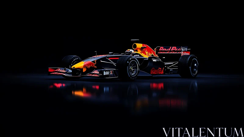 Sleek Formula racing car under dramatic studio lighting.