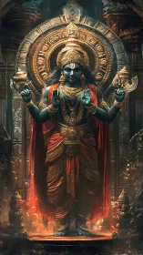 Divine blue deity stands radiant amid molten temple glow