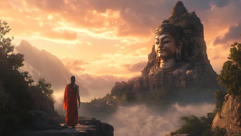Monk in crimson robe before colossal mountain Buddha at dawn.