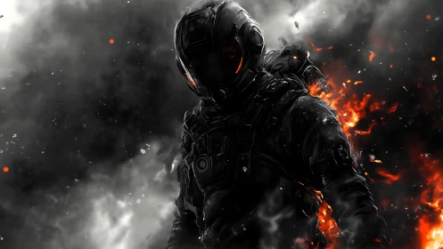 Armored sci fi soldier stands in smoke and burning flames.