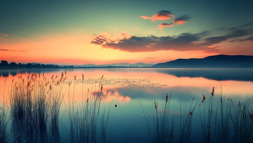Gentle lakeside sunrise casting calm reflections over water.