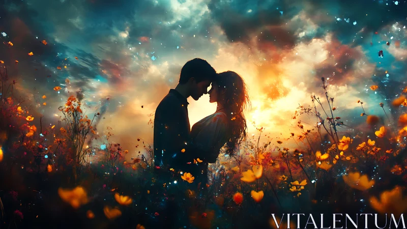 Silhouetted Couple in Dreamscape. Glowing Flowers.