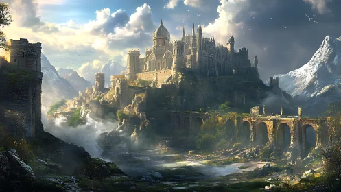 Sunlit mountain citadel dreaming above misted riverlands.