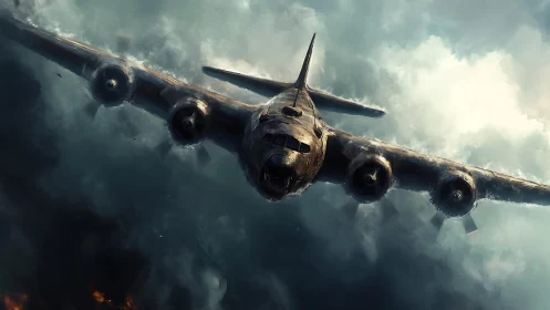 Military propeller aircraft flying through dense storm clouds.