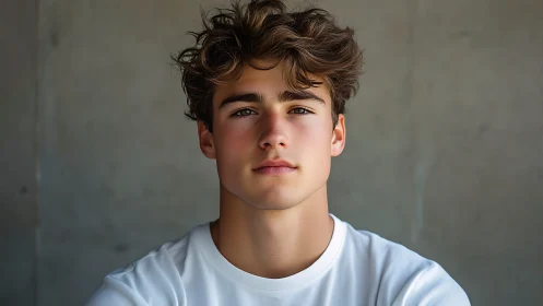 Calm young man in soft daylight against muted wall backdrop.