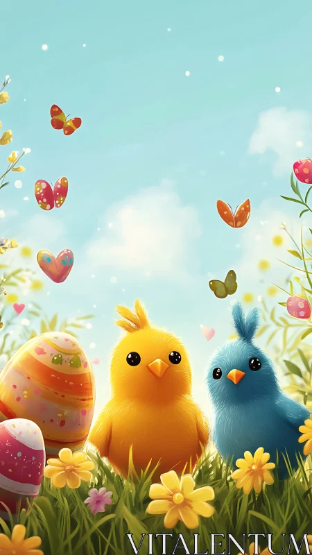 Springtime chicks amid patterned Easter eggs and blooms.