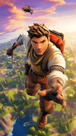 Game hero skydiving above stylized island battleground.