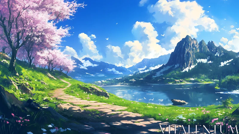 Sunlit lakeside path winds toward peaceful snowcapped peaks