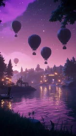 Twilight balloons drift above a neon-tinted lakeside dream