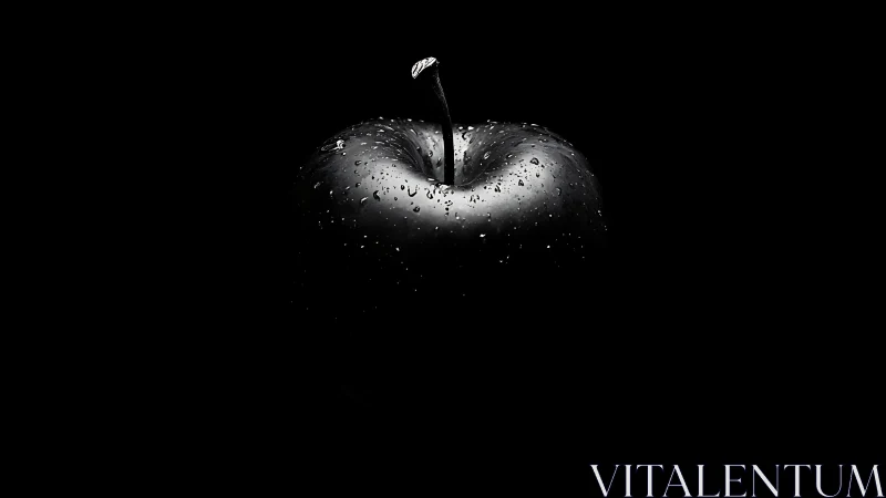 Monochrome close-up of wet apple on black background.