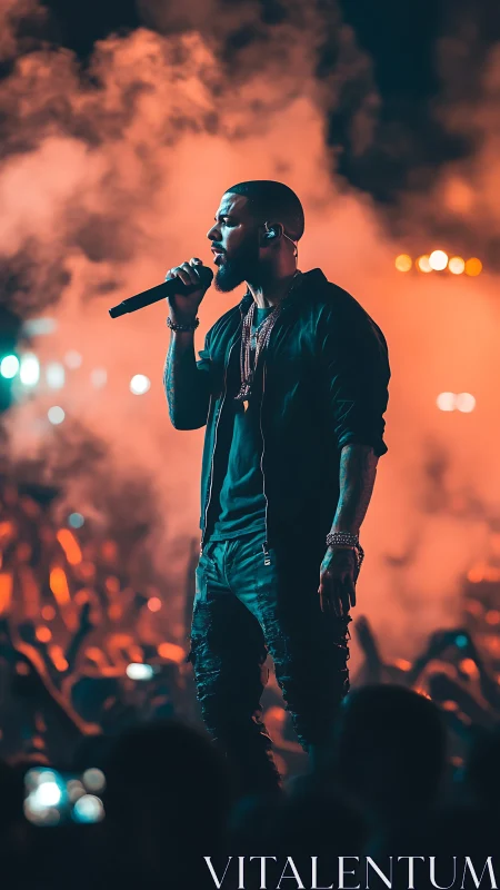 Male vocalist on outdoor stage amid orange concert smoke.