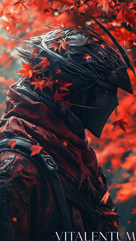 Autumn warrior wrapped in crimson leaves and quiet resolve.