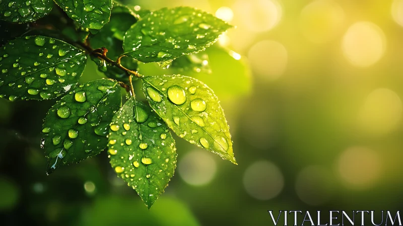 Close-up of green leaves with water droplets at sunrise.