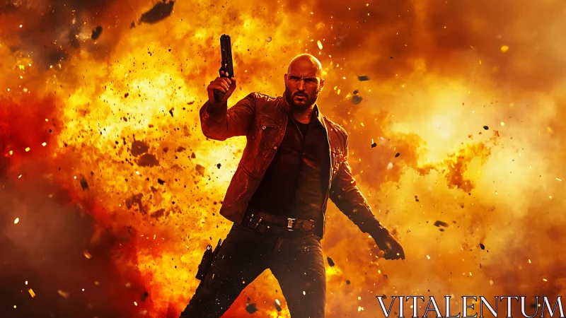 Action hero strides through explosive firestorm with gun raised.