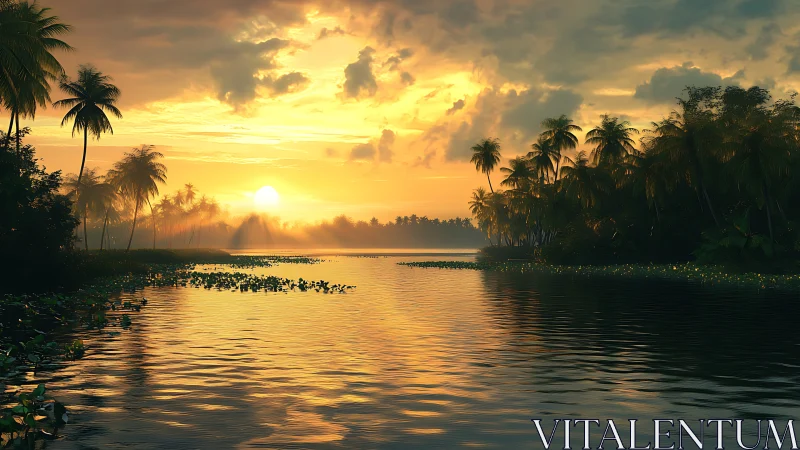 Tropical estuary sunrise with volumetric haze and specular water.