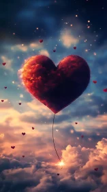 Heart-shaped balloon floats through golden clouds at sunset.
