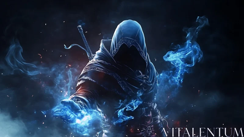 Hooded figure manipulates blue spectral energy in darkness