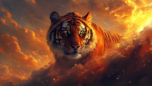 Solarstorm tiger strides through molten clouds at twilight