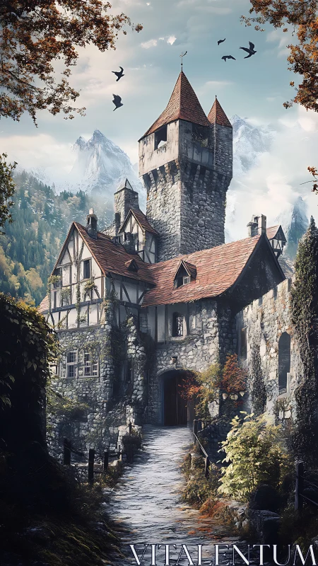 Stone fortress manor integrates Gothic tower with alpine backdrop