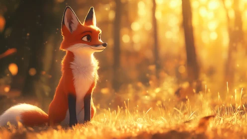 Autumn backlit stylized fox in shallow depth woodland scene