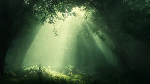 Sunlight filters through ancient forest canopy creating ethereal rays