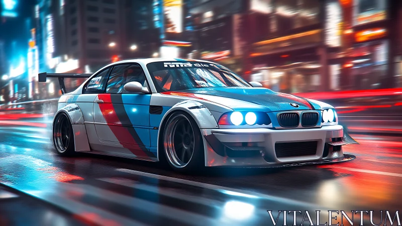 Neon-slick BMW racer slicing through cyber city rainstorm.