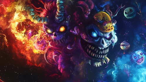 Grotesque horned skull entities in a divided cosmic field.