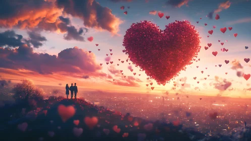 Three Figures Gazing at Giant Heart Among Clouds.