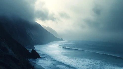 Moody fogbound coastline with steep cliffs and surf.