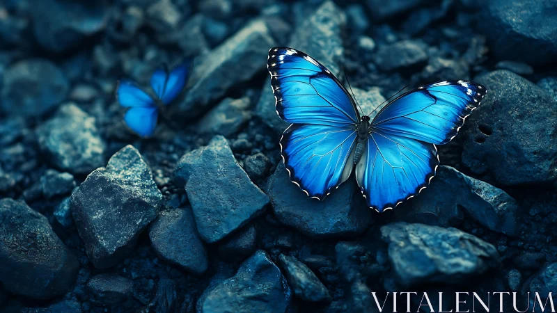 Blue butterfly rests sharply focused on dark rocky ground