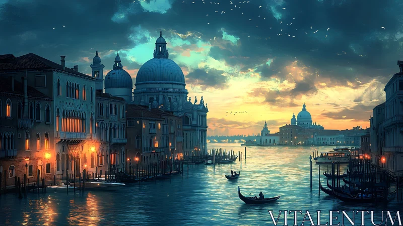 Venetian twilight canal with domes and glowing gondolas.